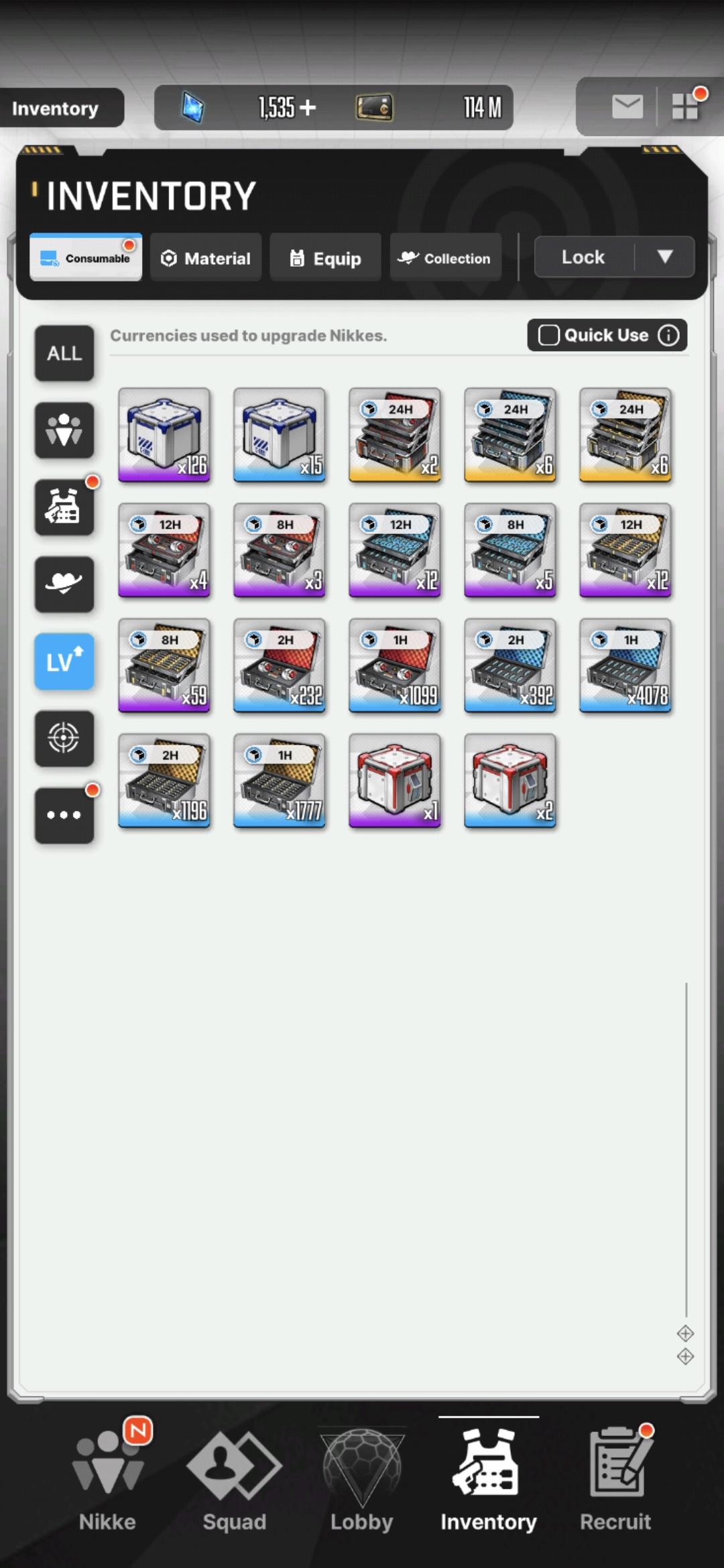 Phone example of a Consumable inventory with all cases unlocked